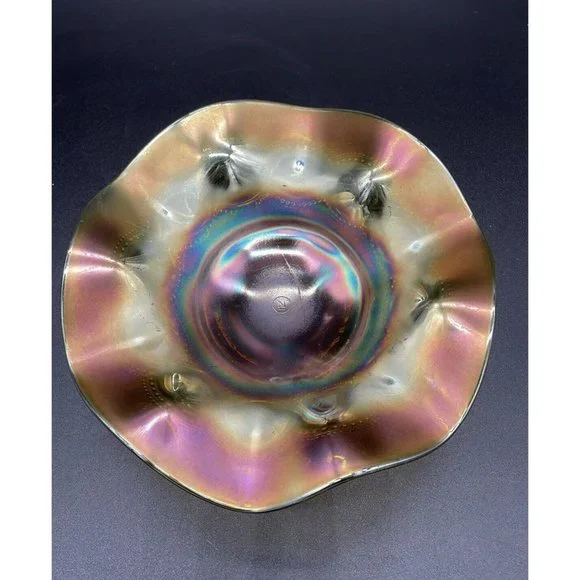 Vintage Northwood Beaded Cable Marigold & Green Carnival Glass Footed Bowl 7.5 " - Picture 2 of 4